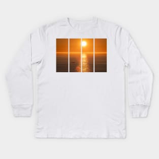 Wonderful landscapes in Norway. Nord-Norge. Beautiful scenery of a midnight sun sunset at Nordkapp (Cape North). Boat and globe on a cliff. Rippled sea and clear orange sky. Kids Long Sleeve T-Shirt